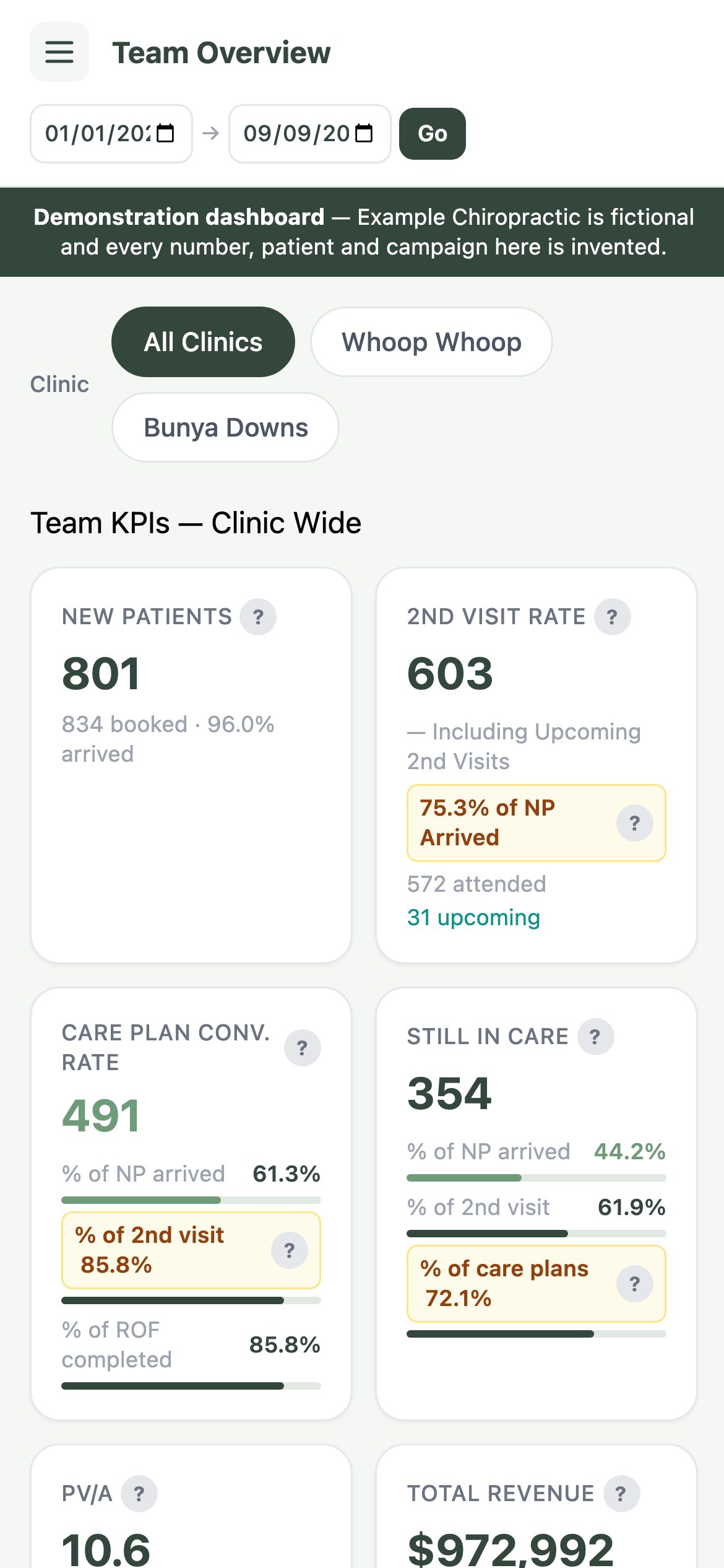 The same team overview on a phone, with the KPI cards stacked into a single column.